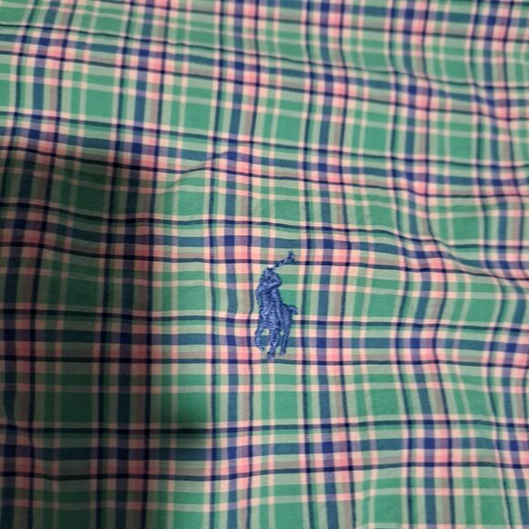 Polo Ralph Lauren Button Down Long Sleeve Stretch Mens Large Green Pink Plaid - Picture 3 of 8